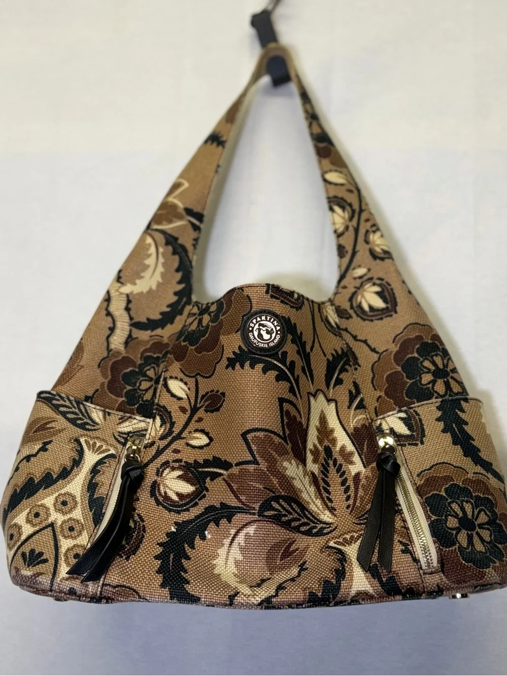 Spartina 449 shoulder hobo‎ bag brown and black botanical tapestry design.